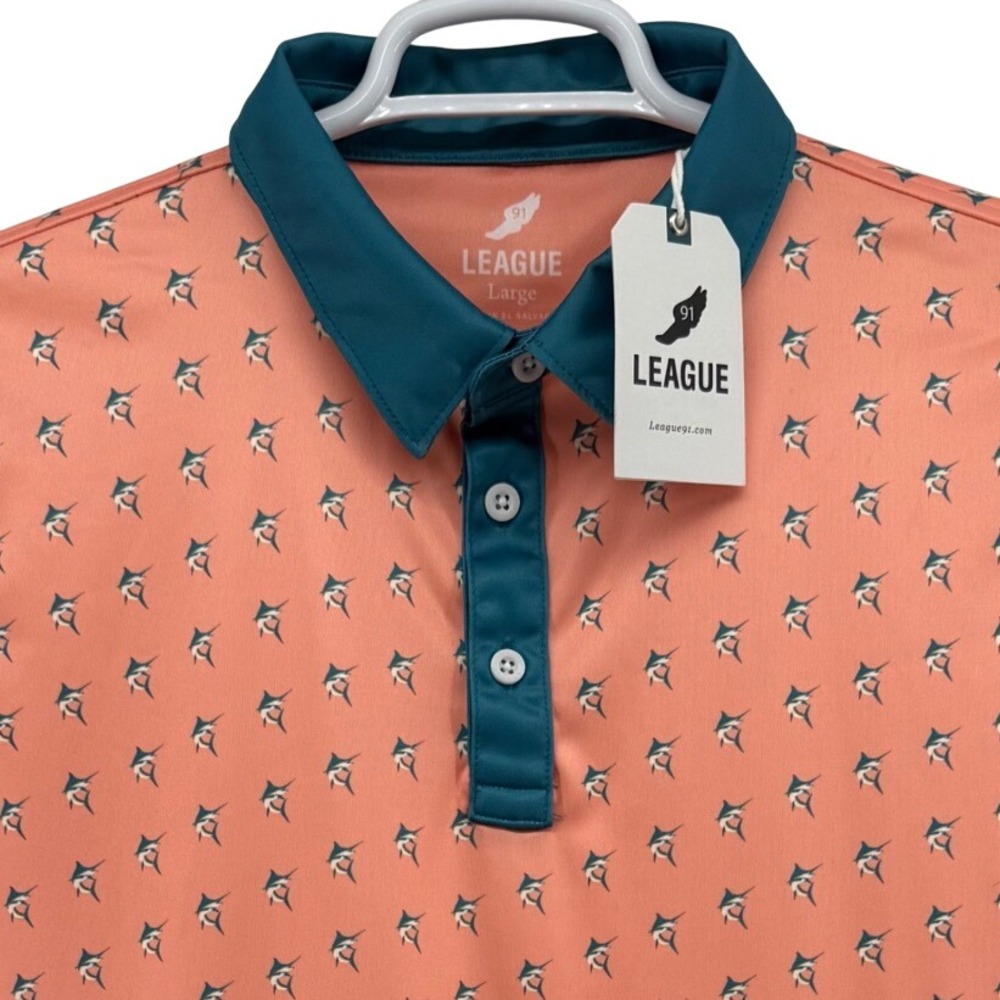 League 91 Mens Marlin Print Performance Polo Shirt Coral Teal St Simons GA L